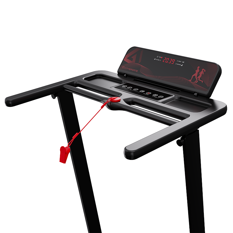 CITYSPORTS WP9 treadmill console, handrails and safety key close-up